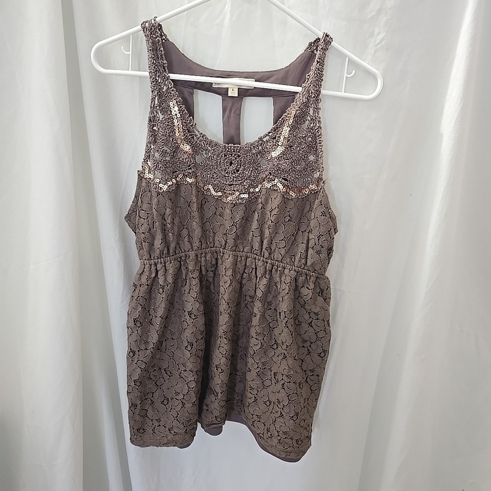 Vtg Premium Vanity Collection‎ Brown Crochet Floral Lace L Tank Top Sequins Y2K